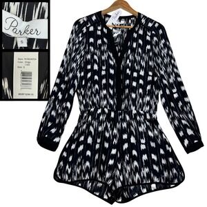 NWT Parker Striga Silk Romper Ikat Print Long Sleeve Womens S Black White Luxury